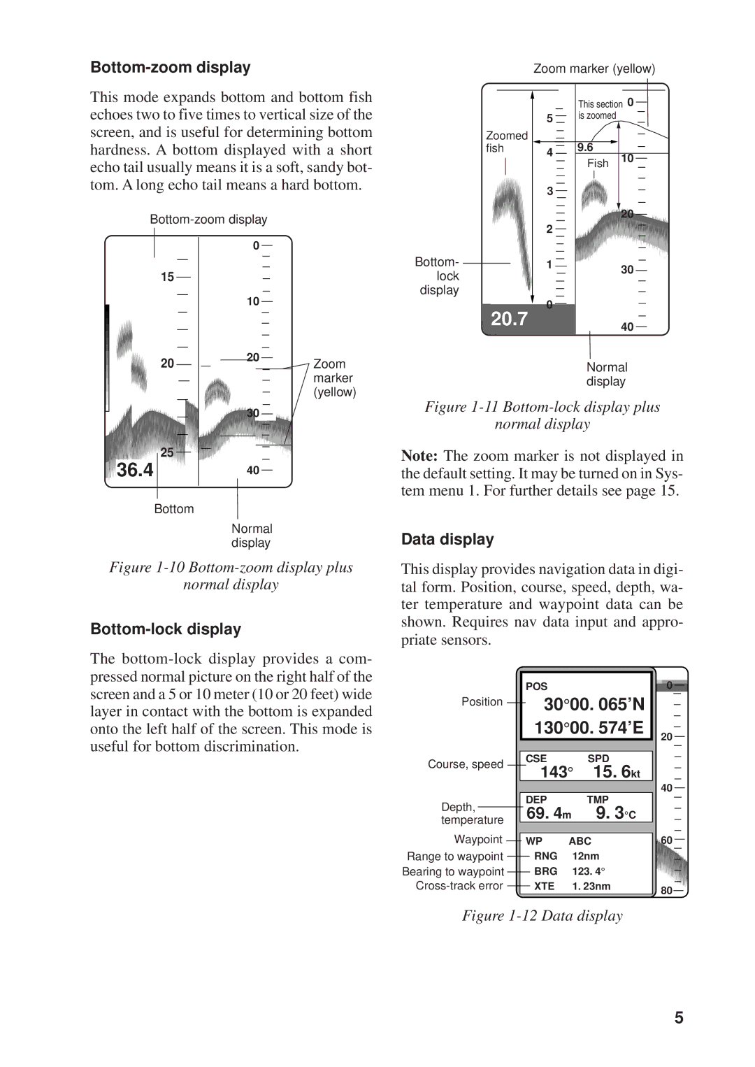 Furuno FCV-600L manual Bottom-zoom display, 36.4, Bottom-lock display, Data display, 143 15 kt, 69 m 