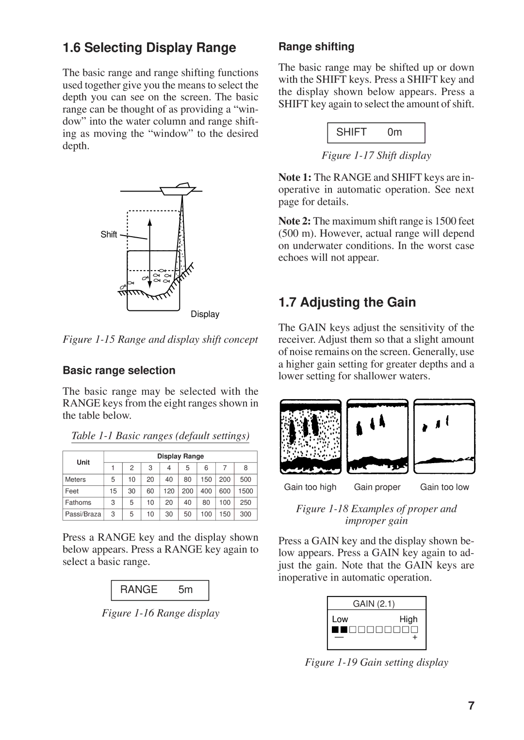 Furuno FCV-600L manual Selecting Display Range, Adjusting the Gain, Range shifting, Basic range selection 