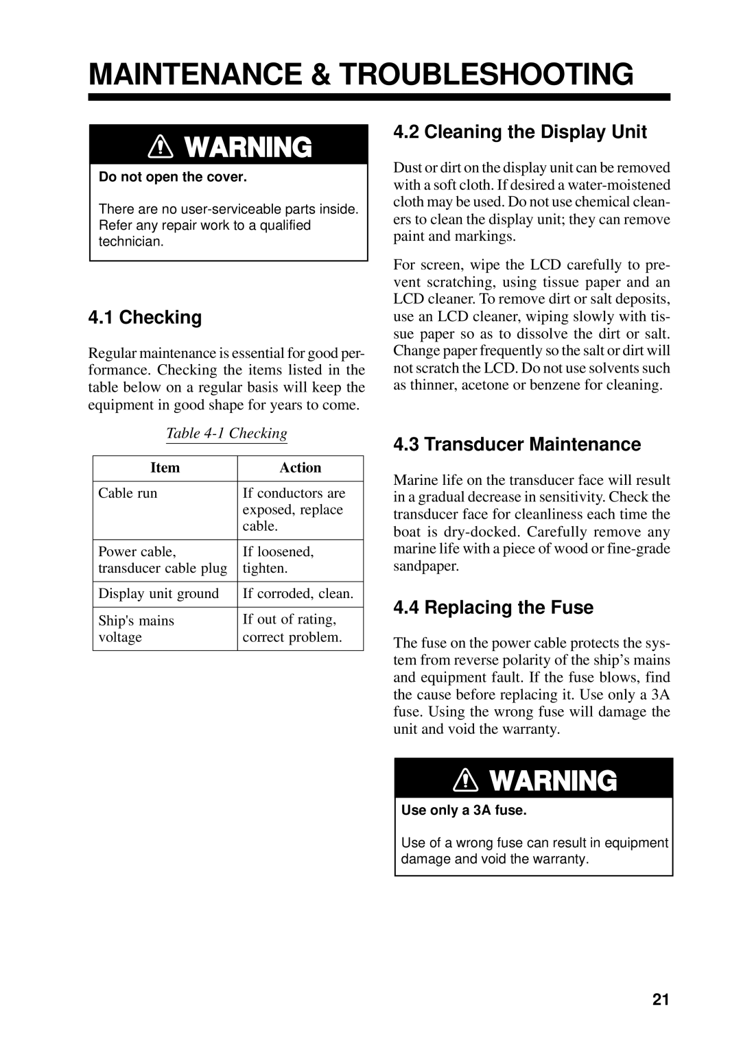 Furuno FCV-600L manual Maintenance & Troubleshooting, Checking, Cleaning the Display Unit, Transducer Maintenance 