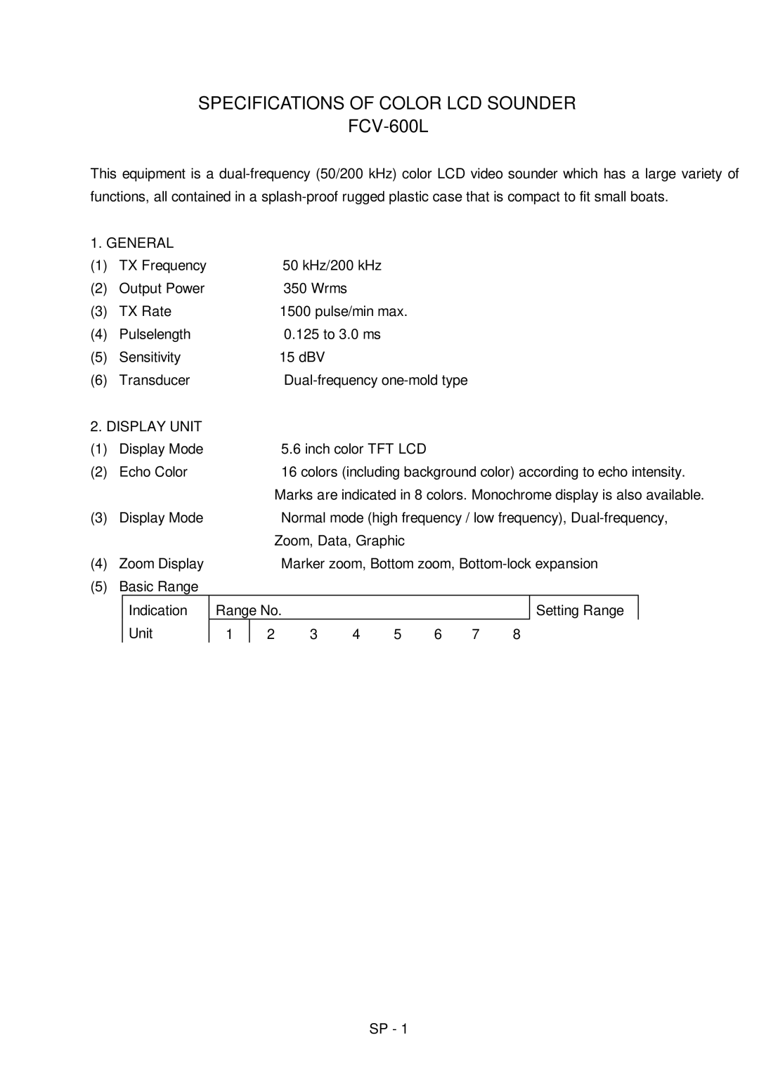 Furuno FCV-600L manual Specifications of Color LCD Sounder 