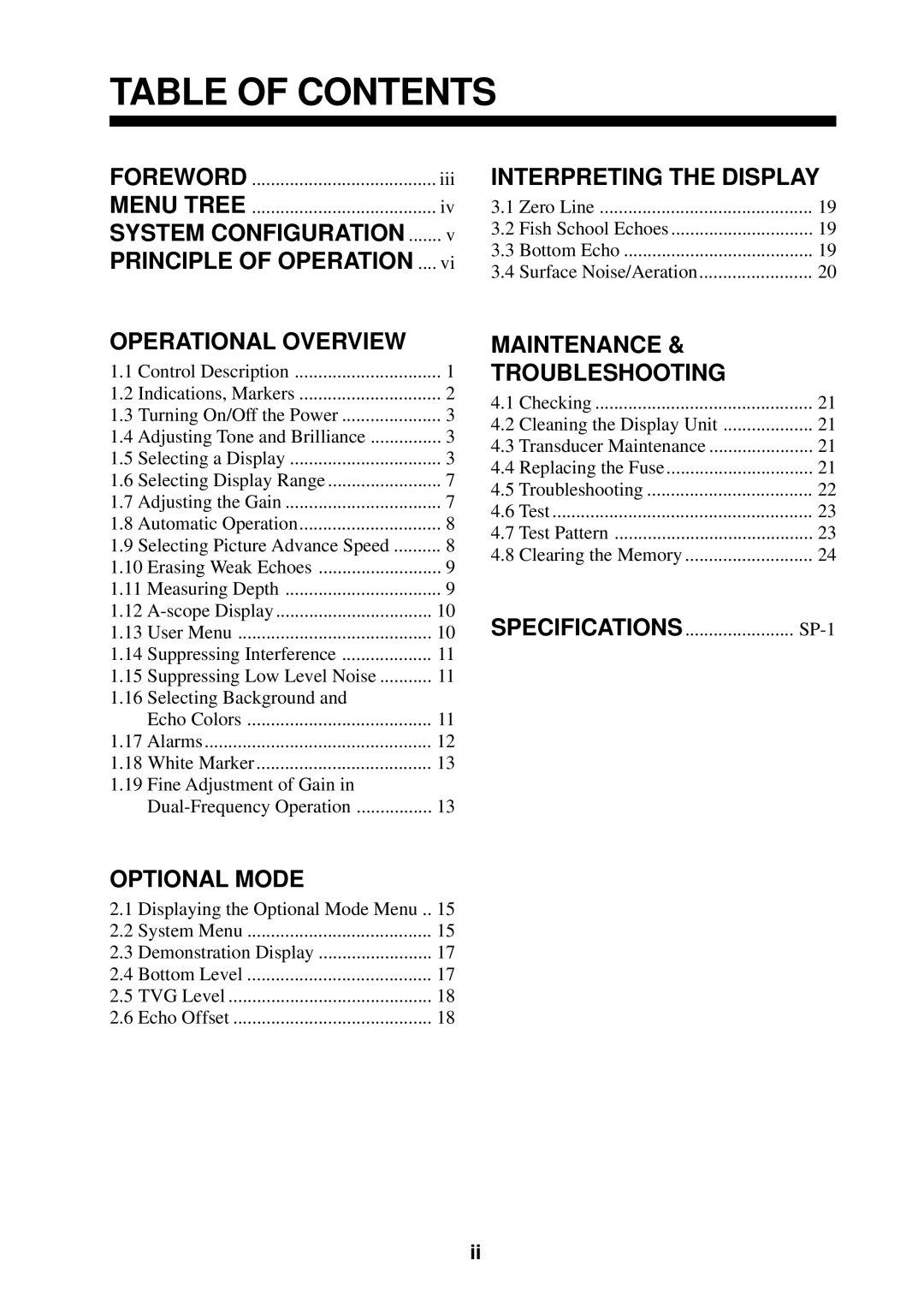 Furuno FCV-600L manual Table of Contents 