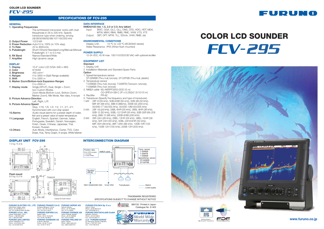 Furuno FCV295 specifications General, Display, Data Interface, Environmental Conditions, Power Supply, Equipment List 