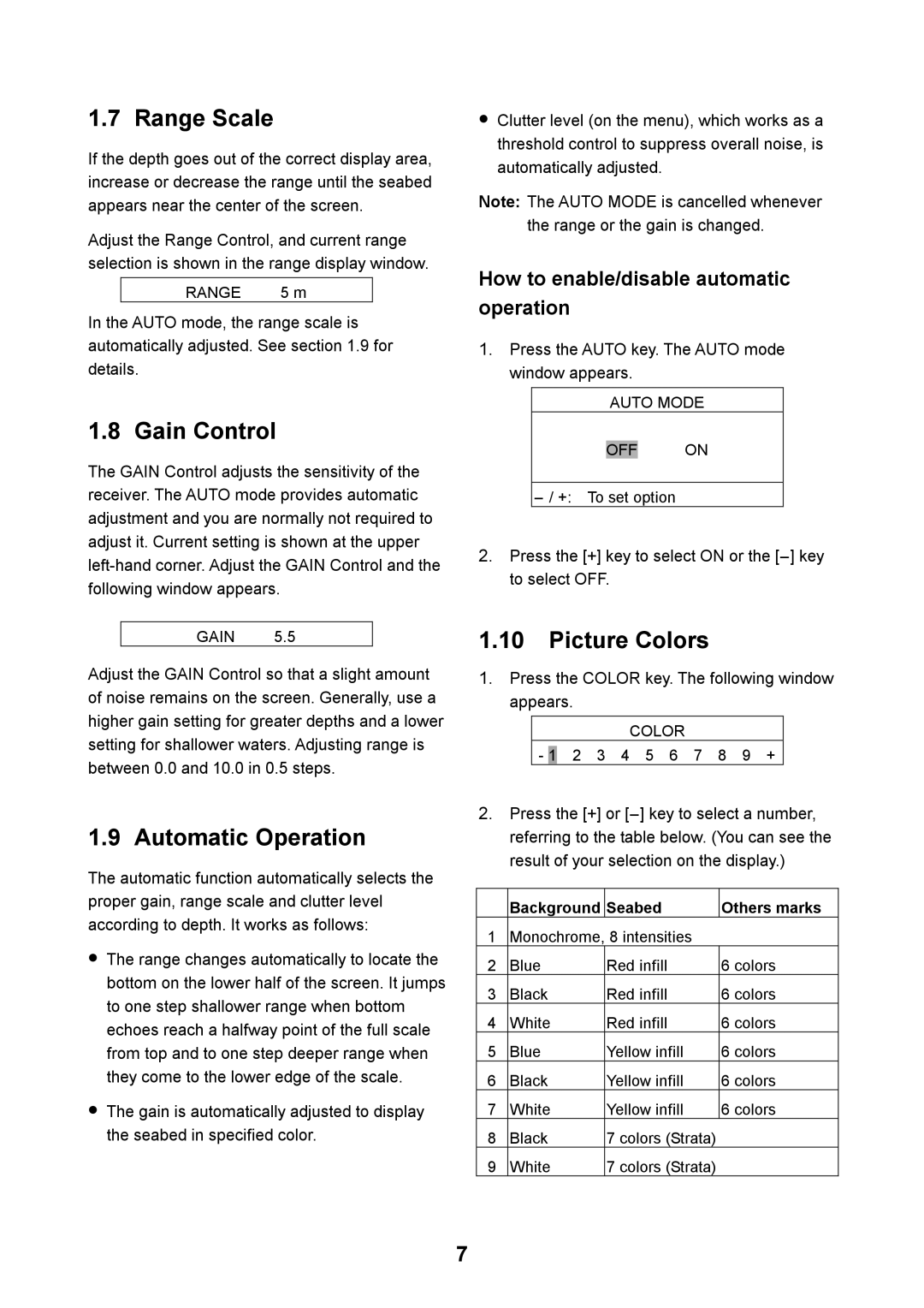 Furuno FE-700 Range Scale, Gain Control, Automatic Operation, Picture Colors, How to enable/disable automatic operation 
