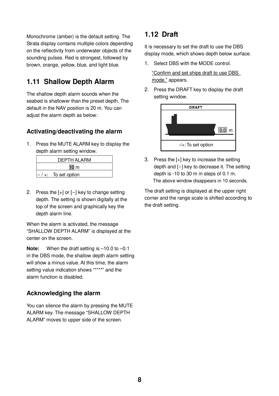 Furuno FE-700 manual Shallow Depth Alarm, Draft, Activating/deactivating the alarm, Acknowledging the alarm 