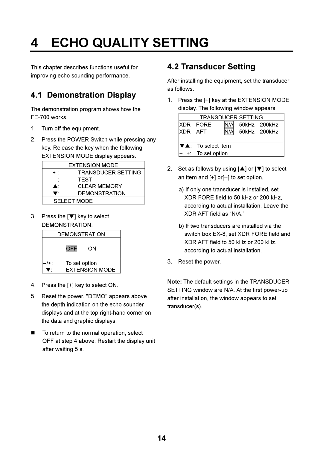 Furuno FE-700 manual Echo Quality Setting, Demonstration Display, Transducer Setting, DEMONSTRATION. Demonstration 