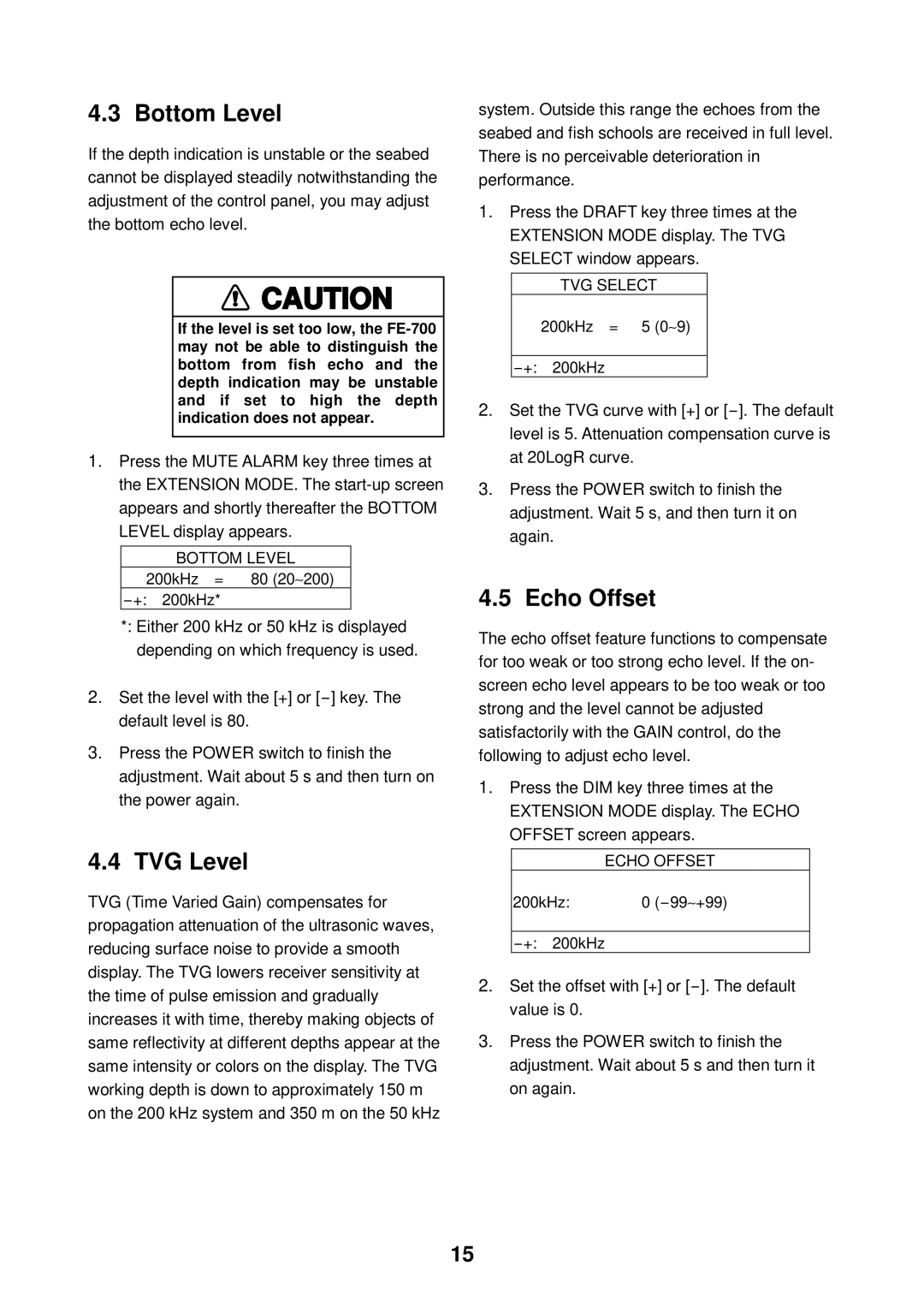 Furuno FE-700 manual Bottom Level, TVG Level, Echo Offset 
