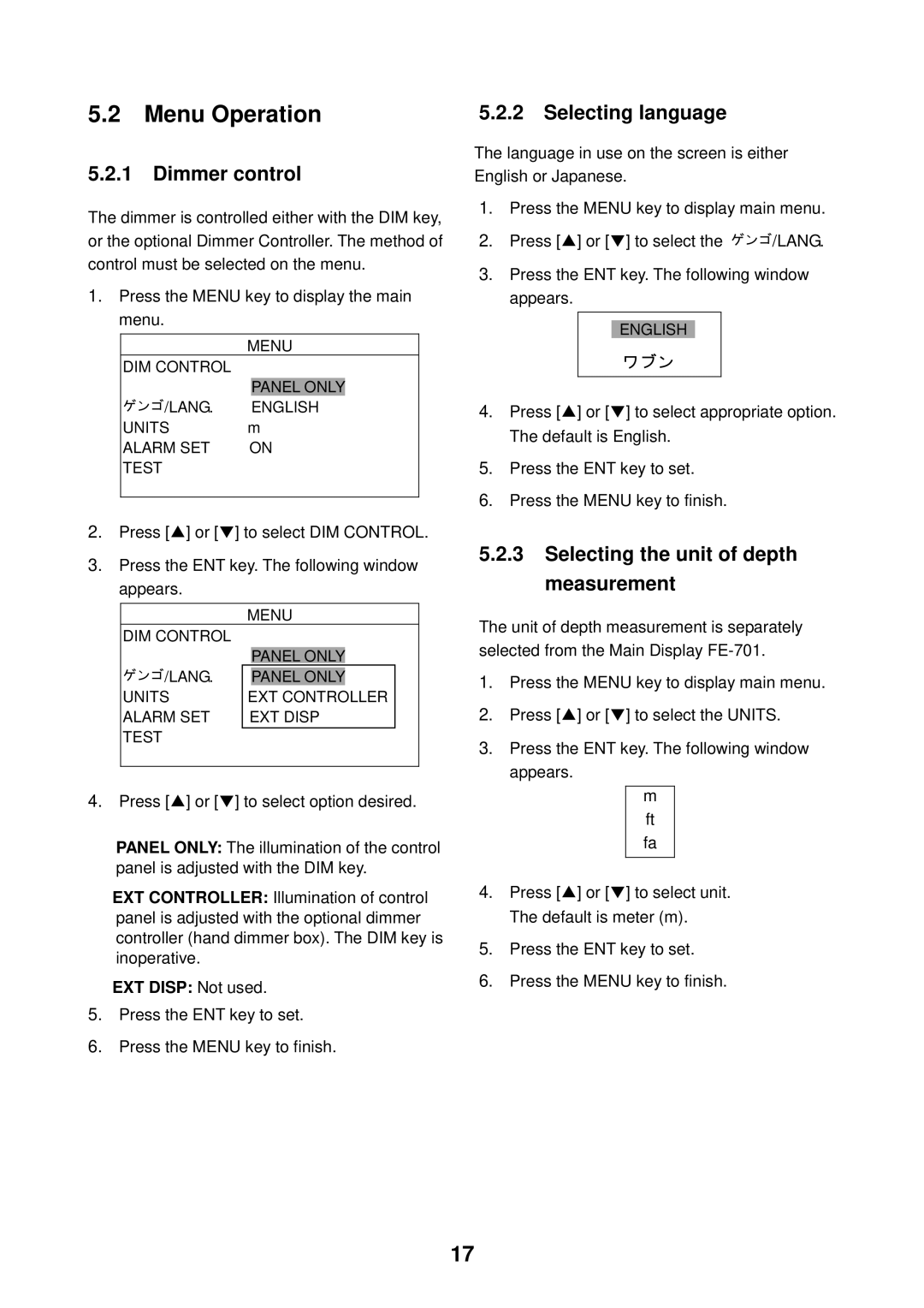 Furuno FE-700 manual Menu Operation, Dimmer control, Selecting language, Selecting the unit of depth measurement 
