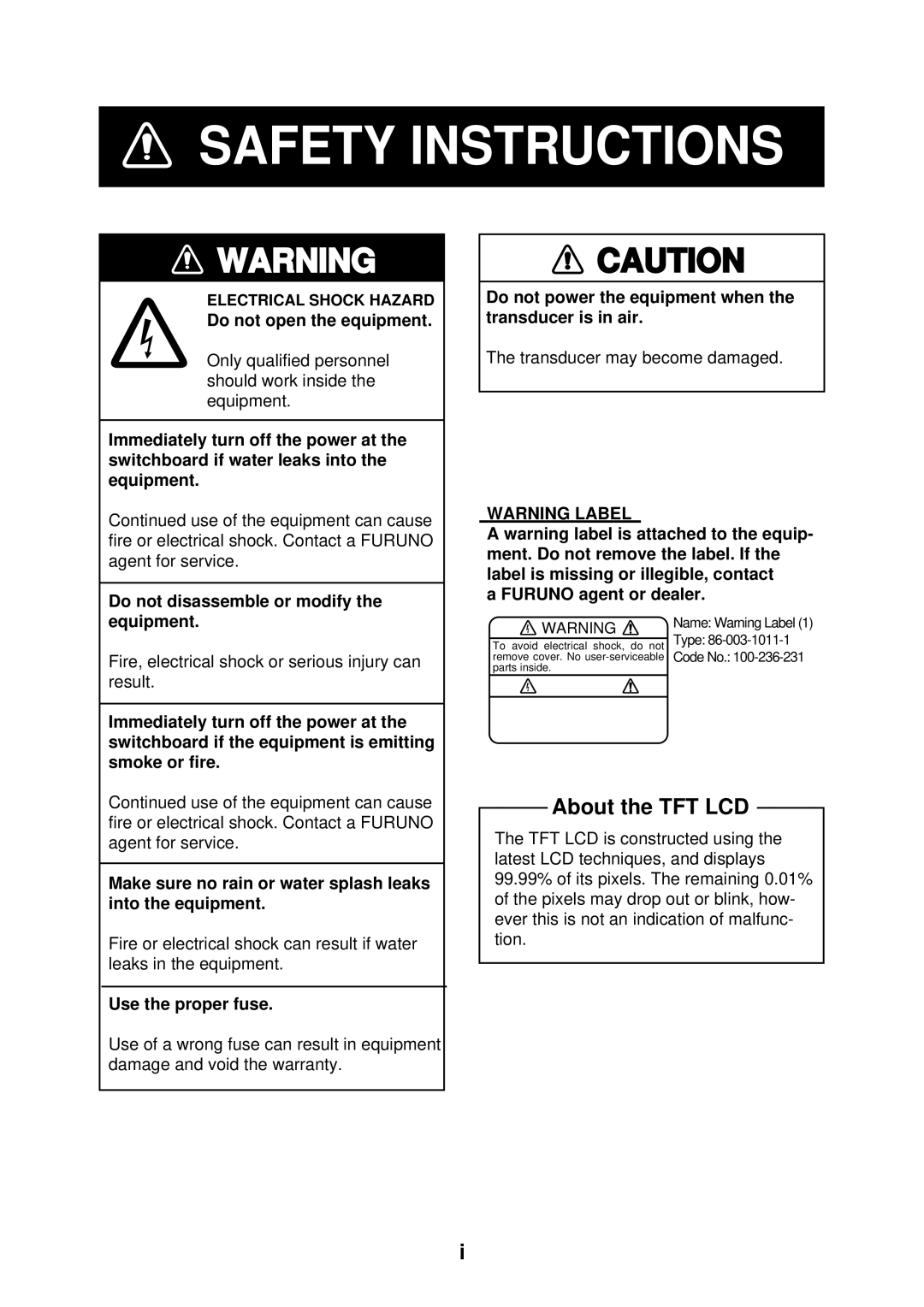 Furuno FE-700 manual Safety Instructions 