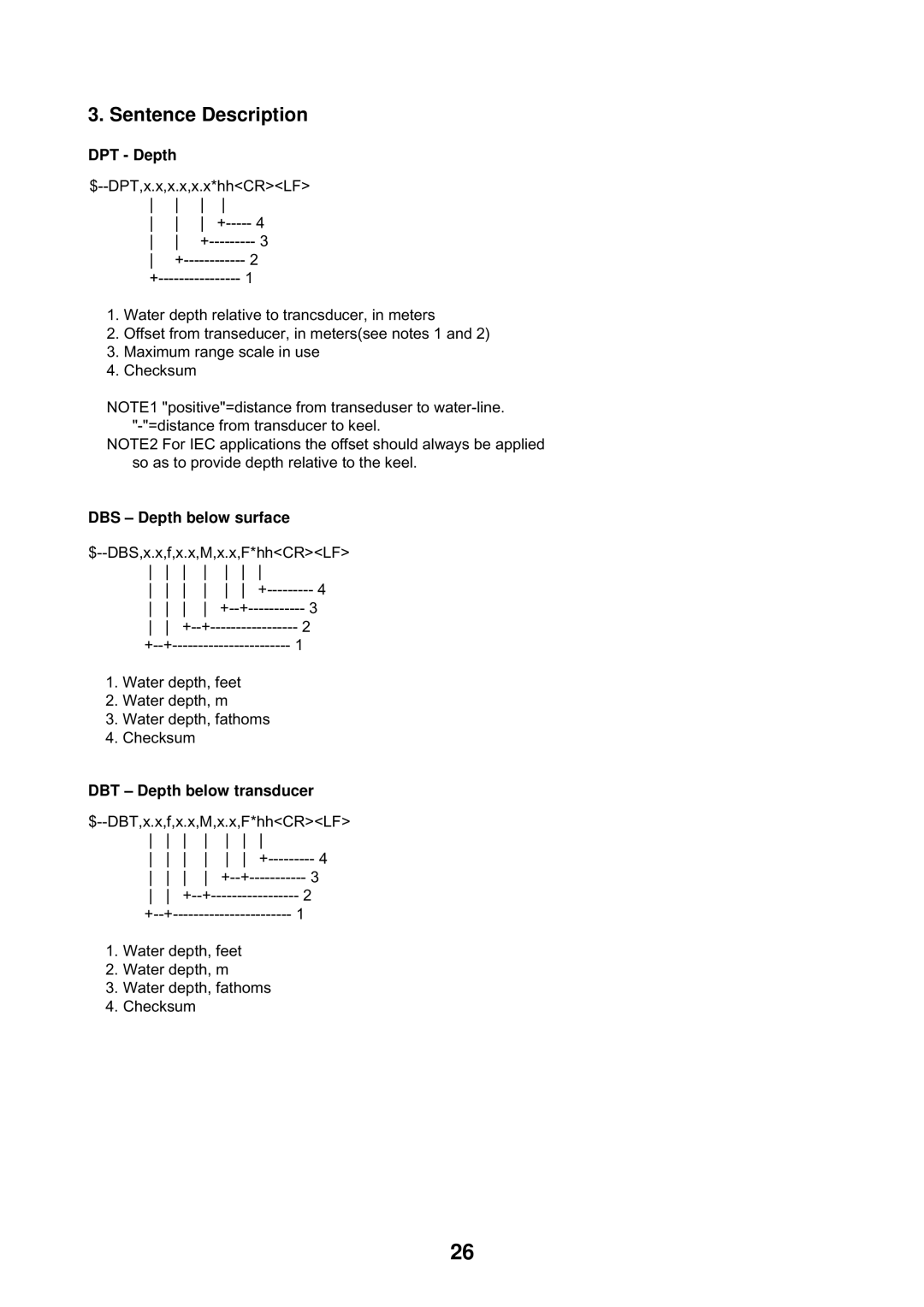 Furuno FE-700 manual Sentence Description, DPT Depth, DBS Depth below surface, DBT Depth below transducer 