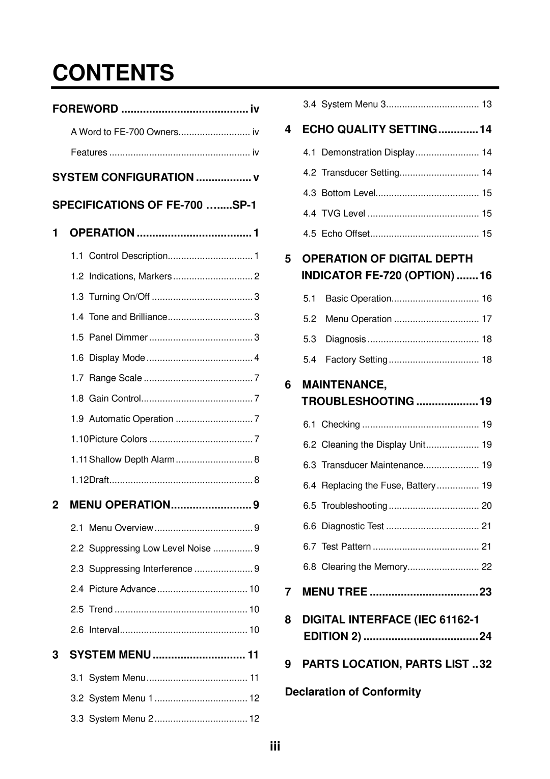 Furuno FE-700 manual Contents 