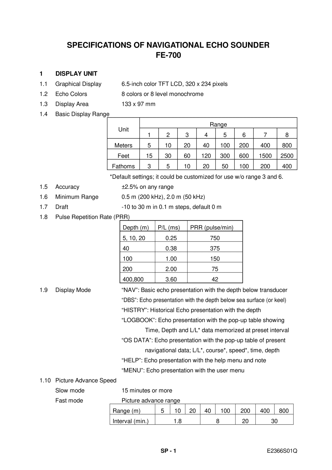 Furuno FE-700 manual Specifications of Navigational Echo Sounder, E2366S01Q 