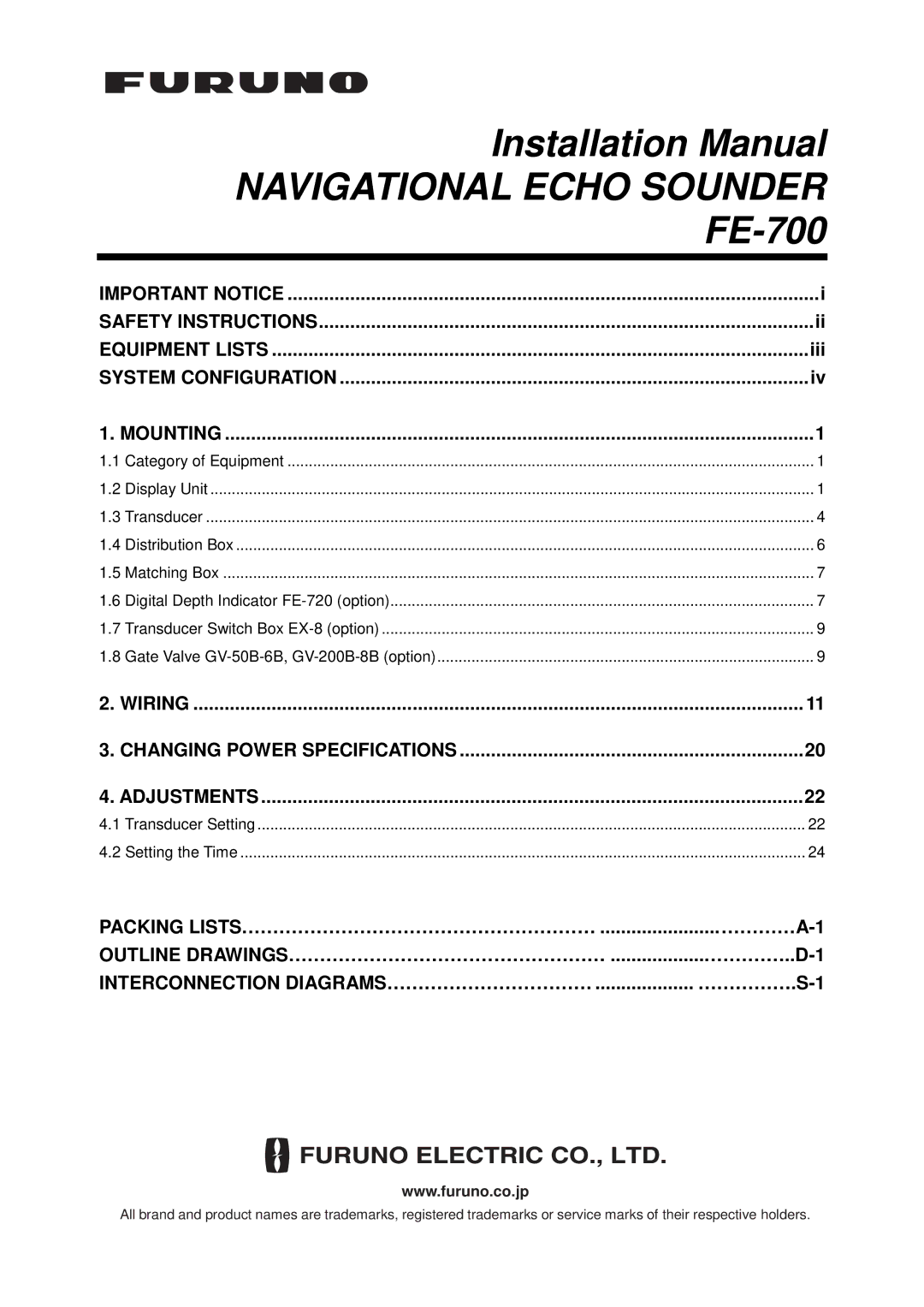 Furuno installation manual Navigational Echo Sounder FE-700 