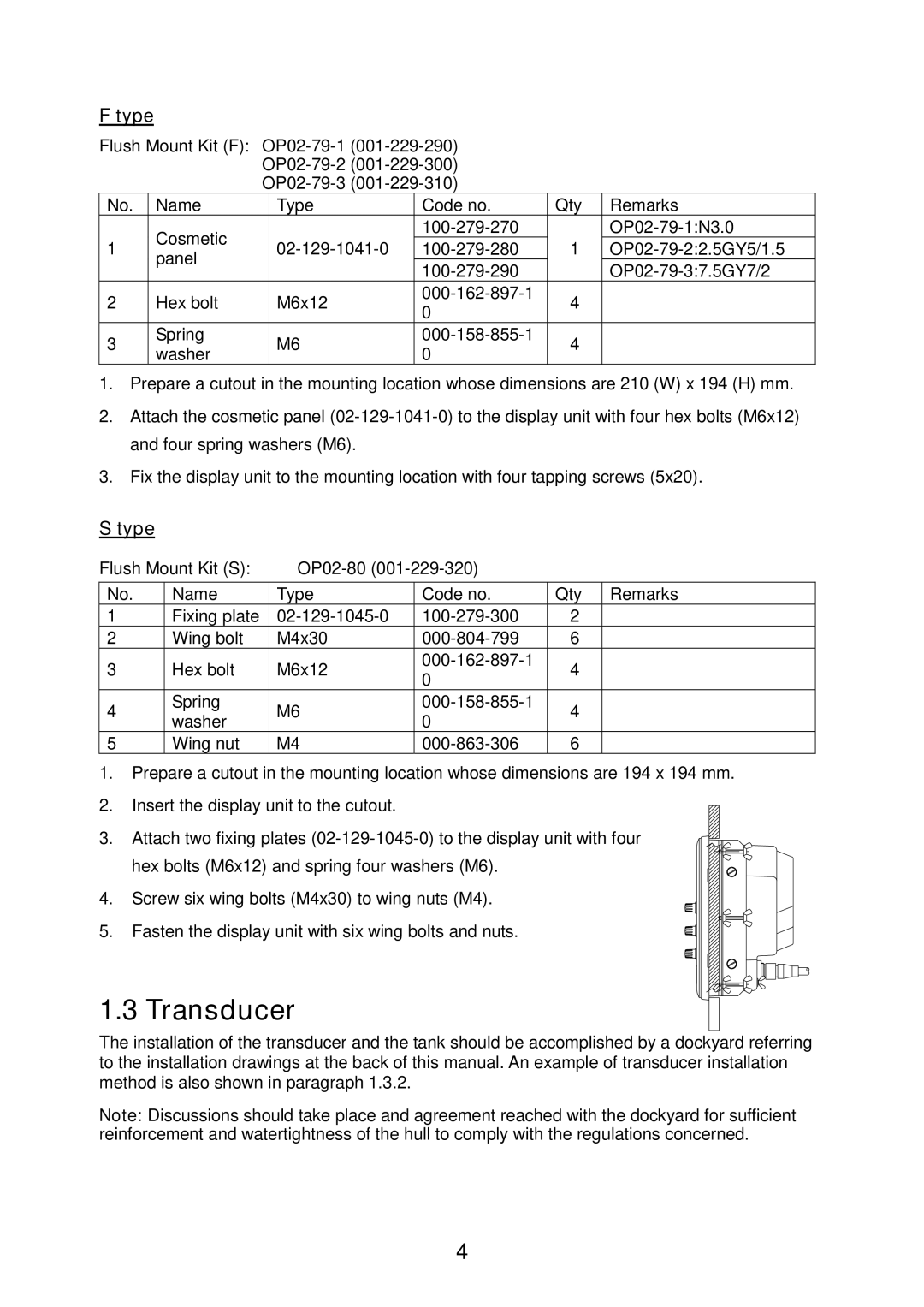 Furuno FE-700 installation manual Transducer, Type 