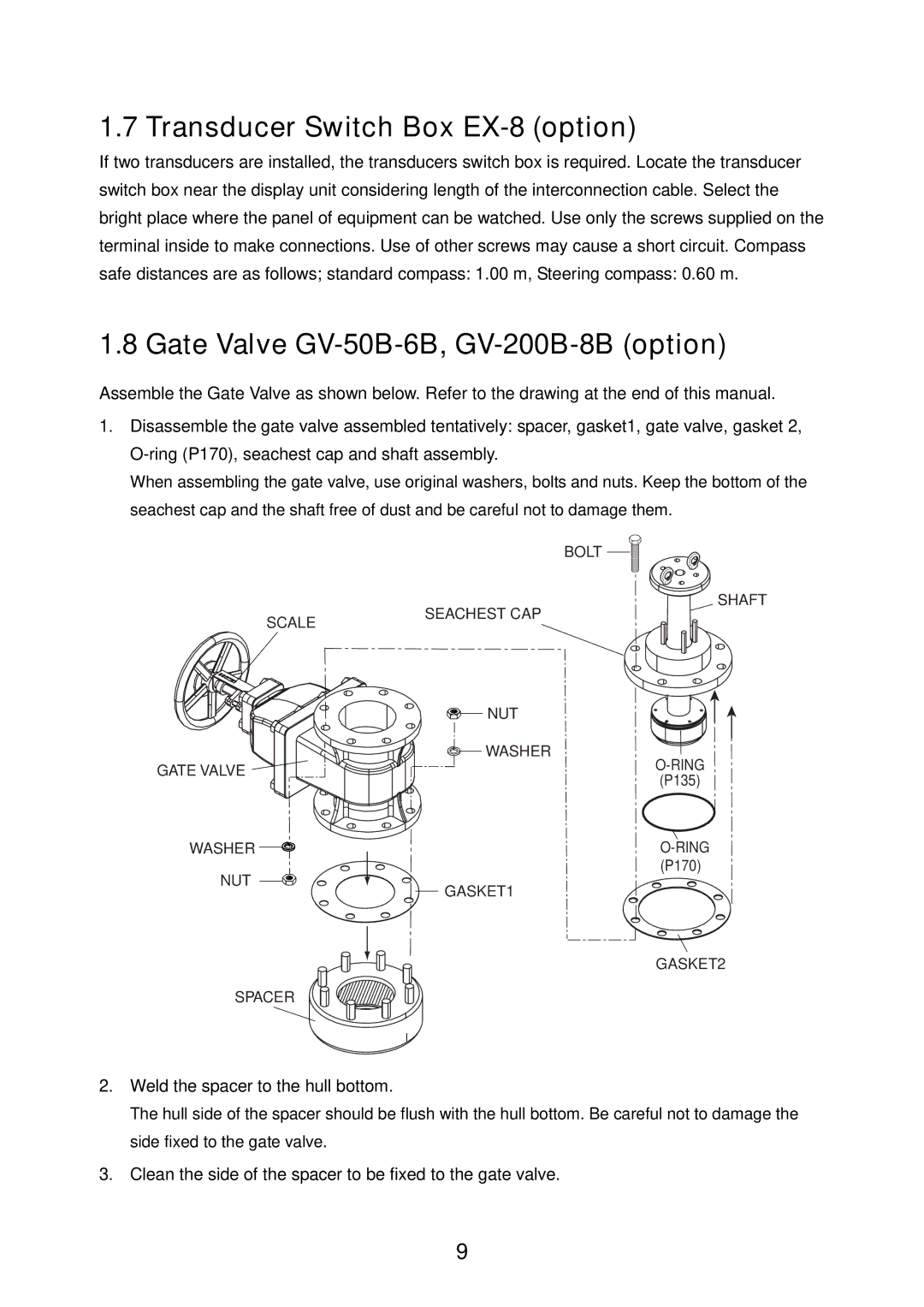 Furuno FE-700 installation manual Transducer Switch Box EX-8 option, Gate Valve GV-50B-6B, GV-200B-8B option 