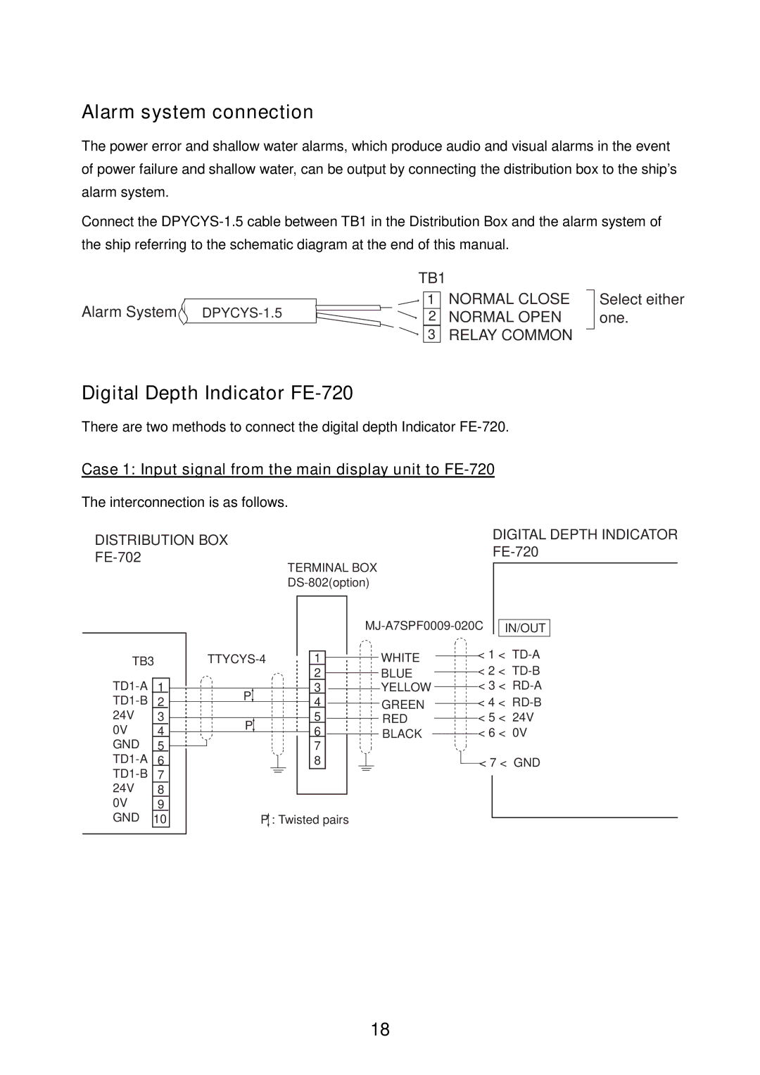 Furuno FE-700 installation manual Alarm system connection, Digital Depth Indicator FE-720 