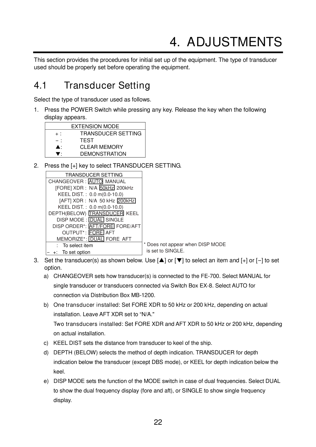 Furuno FE-700 installation manual Adjustments, Transducer Setting 