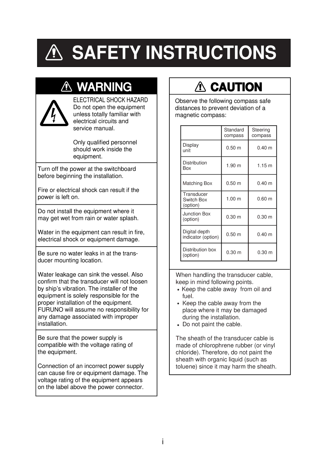 Furuno FE-700 installation manual Safety Instructions 