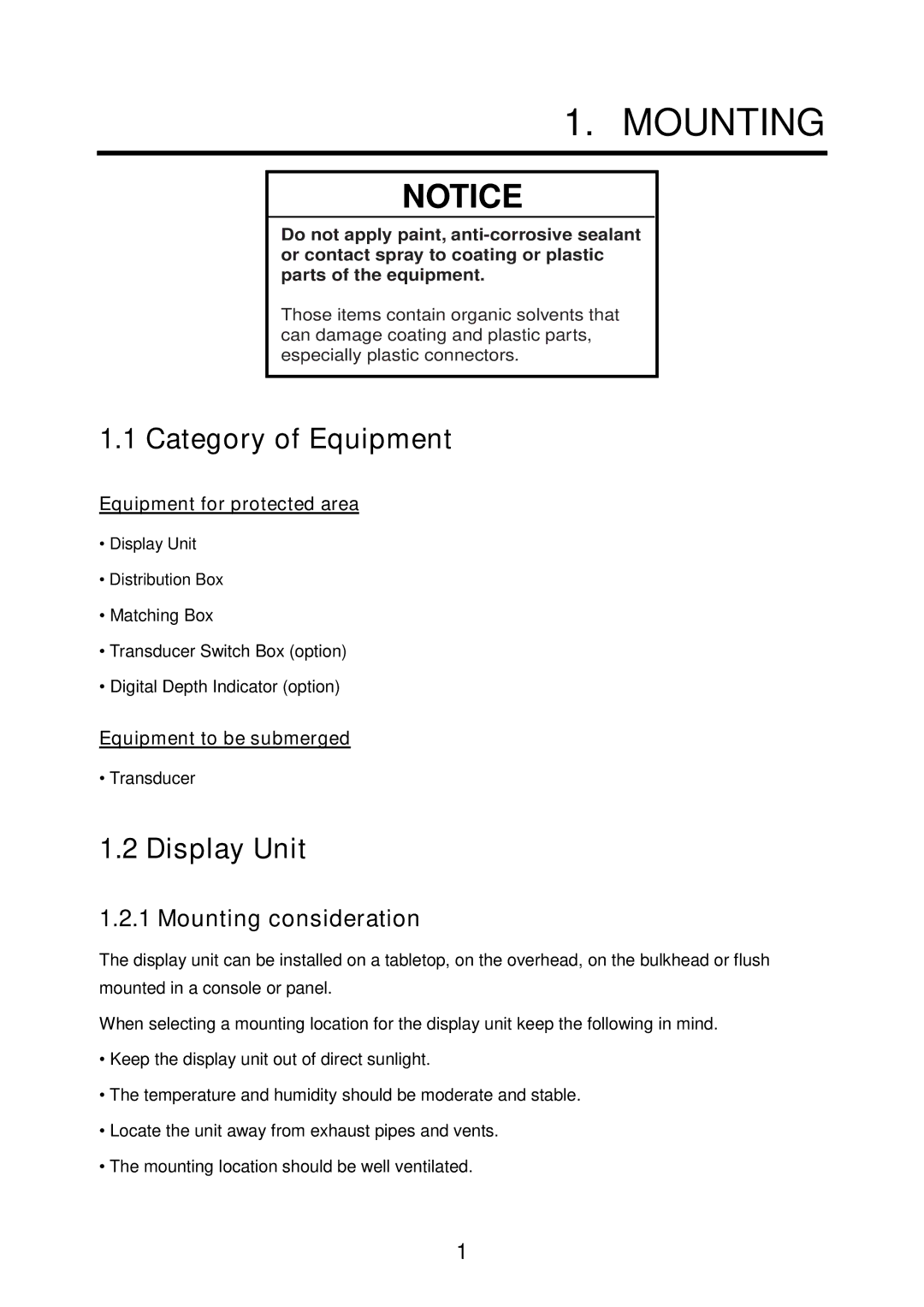 Furuno FE-700 installation manual Category of Equipment, Display Unit, Mounting consideration 