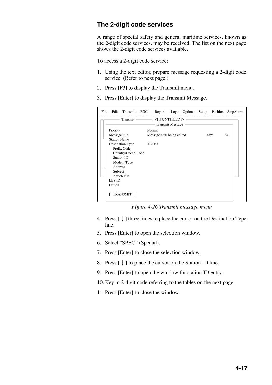 Furuno FELCOM 12 manual digit code services, Transmit message menu 