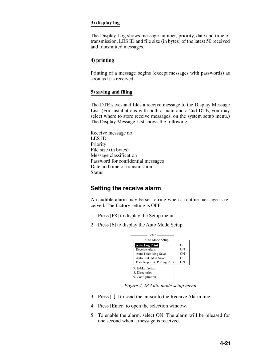 Furuno FELCOM 12 manual Setting the receive alarm, Display log, Printing, Saving and filing 