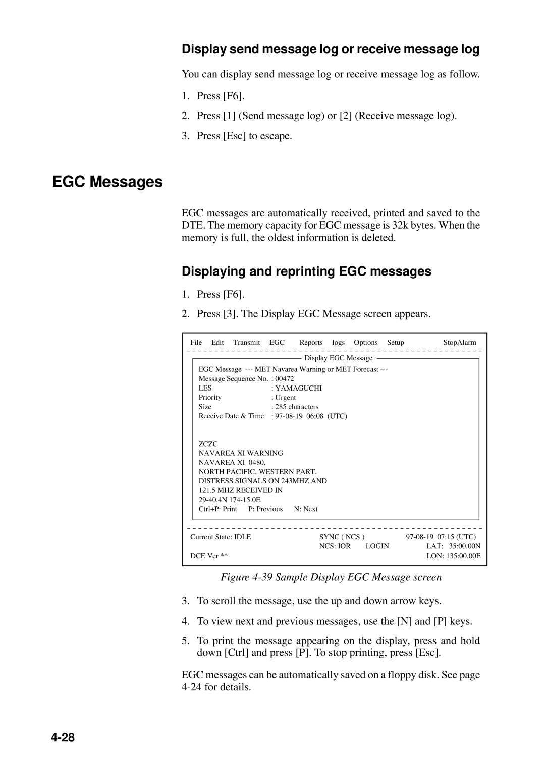 Furuno FELCOM 12 EGC Messages, Display send message log or receive message log, Displaying and reprinting EGC messages 