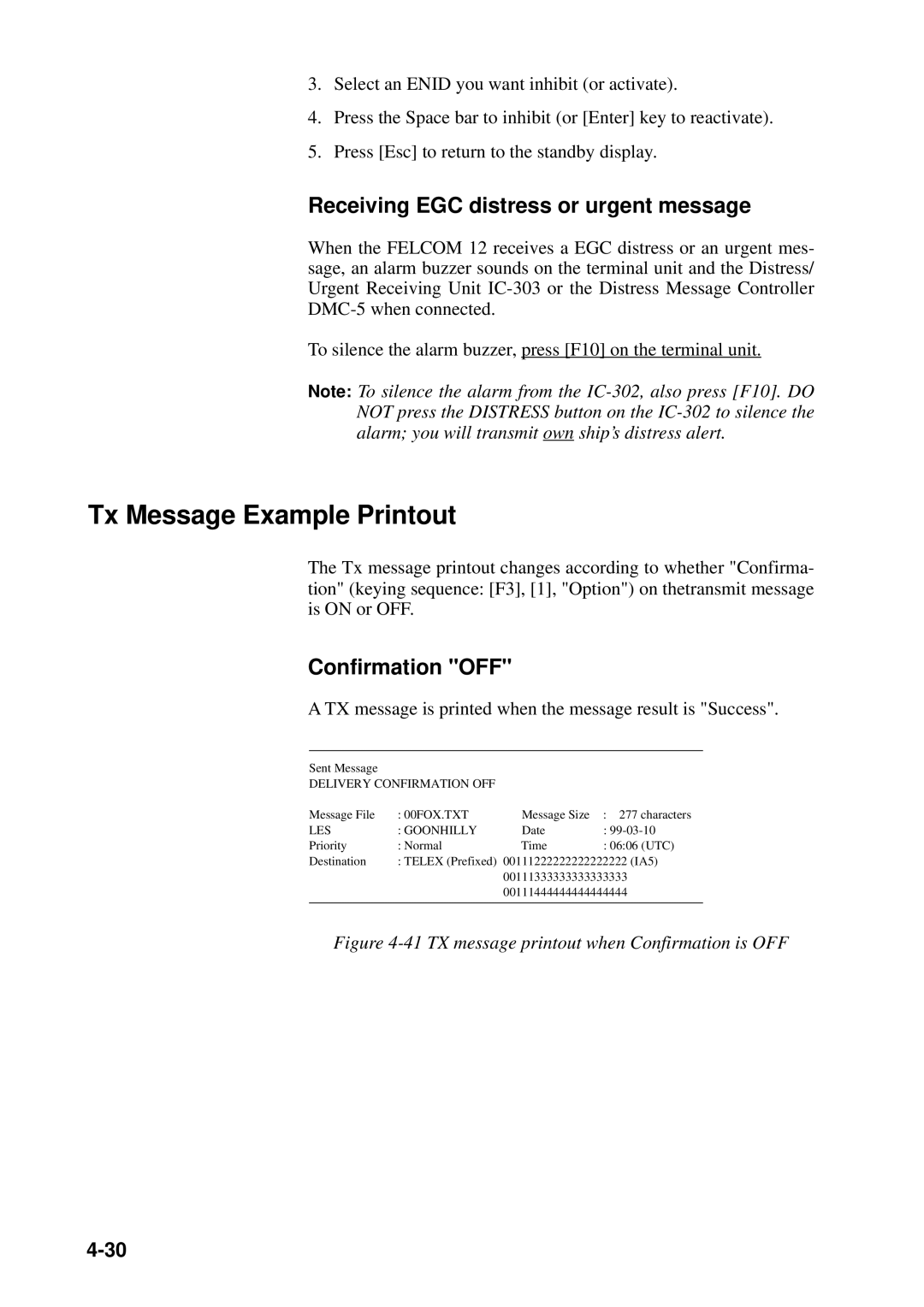 Furuno FELCOM 12 manual Tx Message Example Printout, Receiving EGC distress or urgent message, Confirmation OFF 