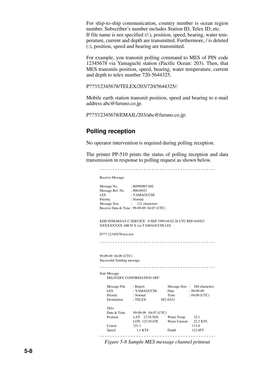 Furuno FELCOM 12 manual Polling reception, Sample MES message channel printout 