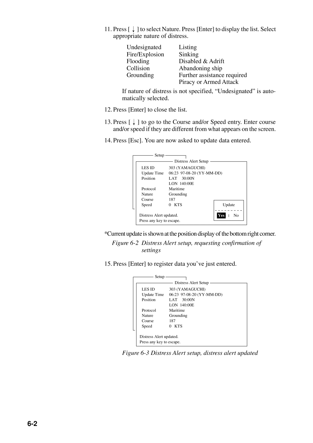 Furuno FELCOM 12 manual Distress Alert setup, requesting confirmation of settings 