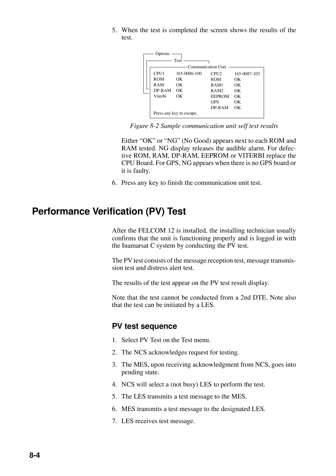 Furuno FELCOM 12 manual Performance Verification PV Test, PV test sequence, Rom Ok Ram Ok Dp-Ram Ok 