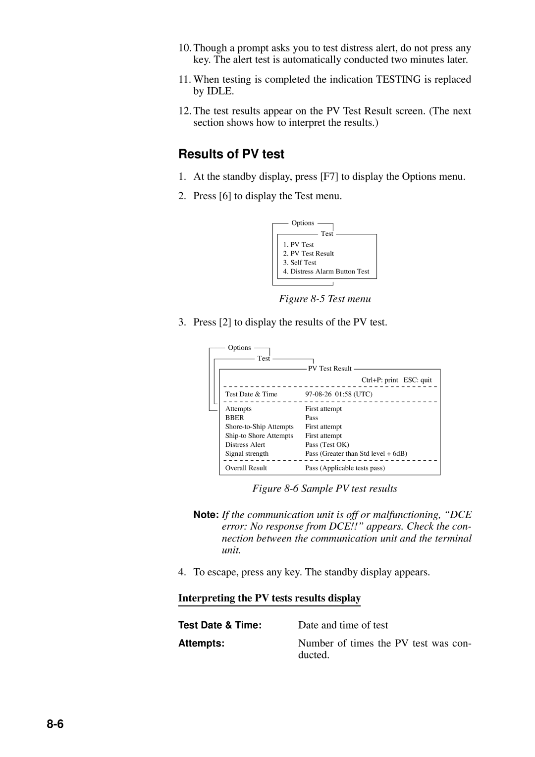 Furuno FELCOM 12 manual Results of PV test, Interpreting the PV tests results display, Date and time of test 