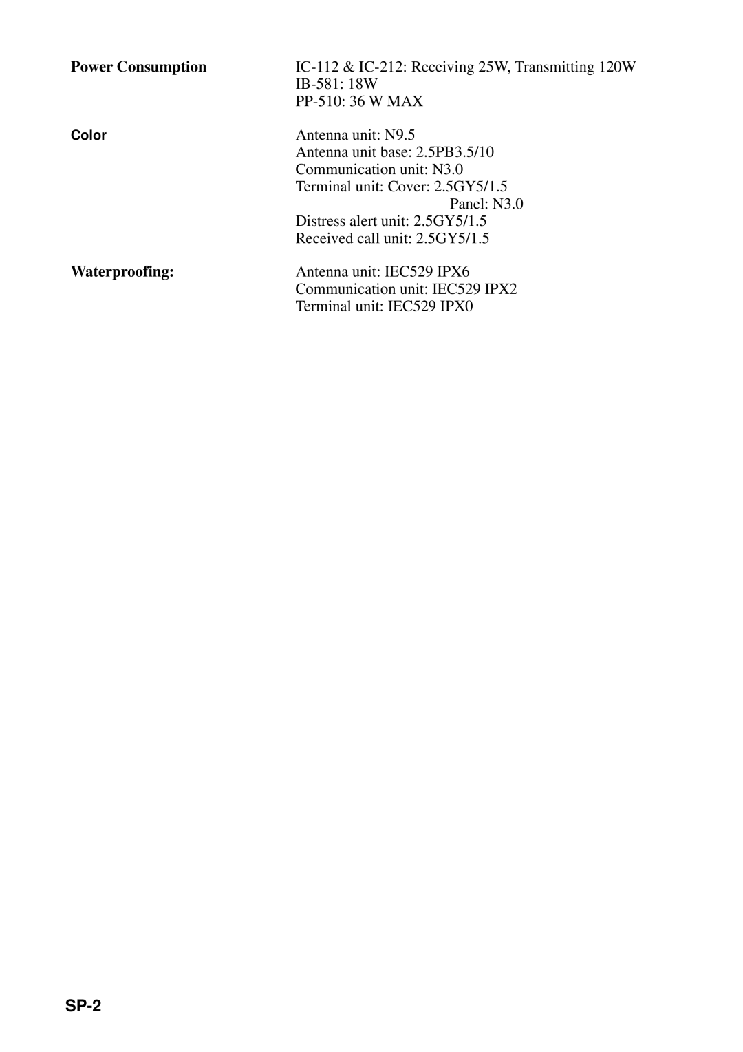 Furuno FELCOM 12 manual SP-2, IC-112 & IC-212 Receiving 25W, Transmitting 120W 