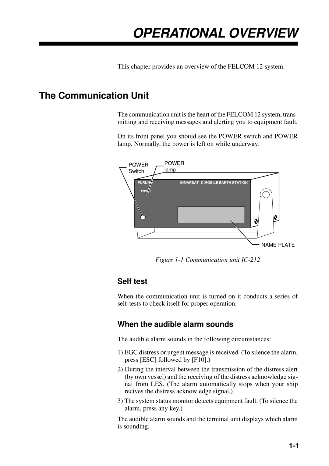 Furuno FELCOM 12 manual Communication Unit, Self test, When the audible alarm sounds 