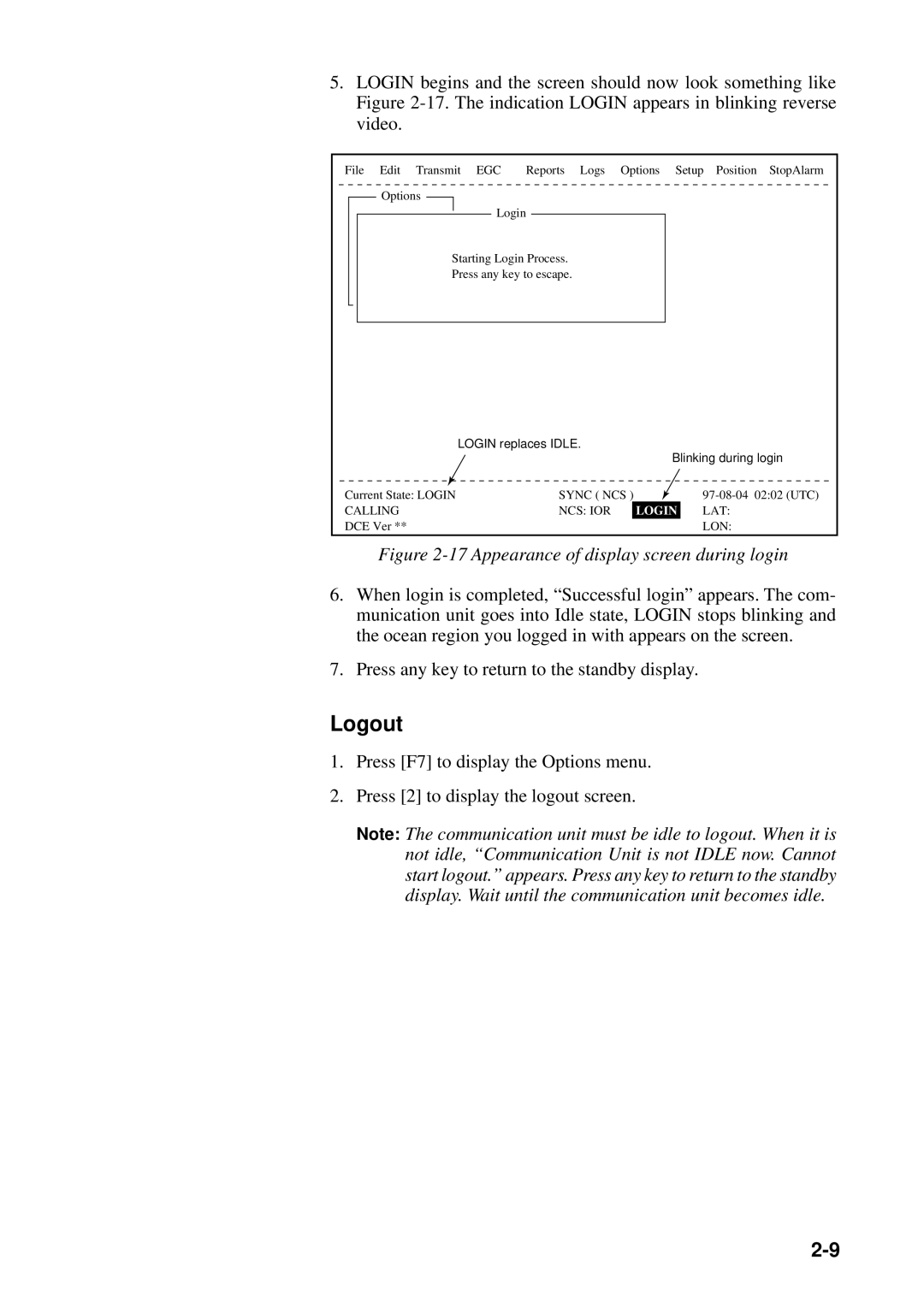 Furuno FELCOM 12 manual Logout, Calling NCS IOR, Lat, Lon 