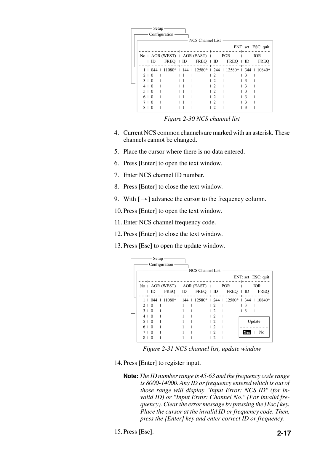 Furuno FELCOM 12 manual Press Enter to register input Press Esc, AOR West AOR East POR IOR, Freq 