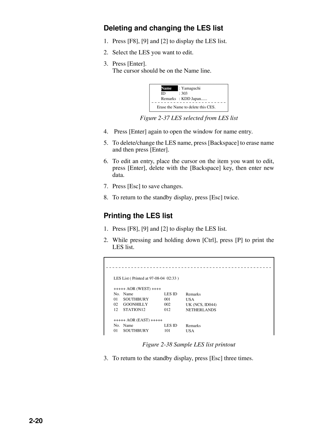 Furuno FELCOM 12 manual Deleting and changing the LES list, Printing the LES list, Les Id, Usa, STATION12 