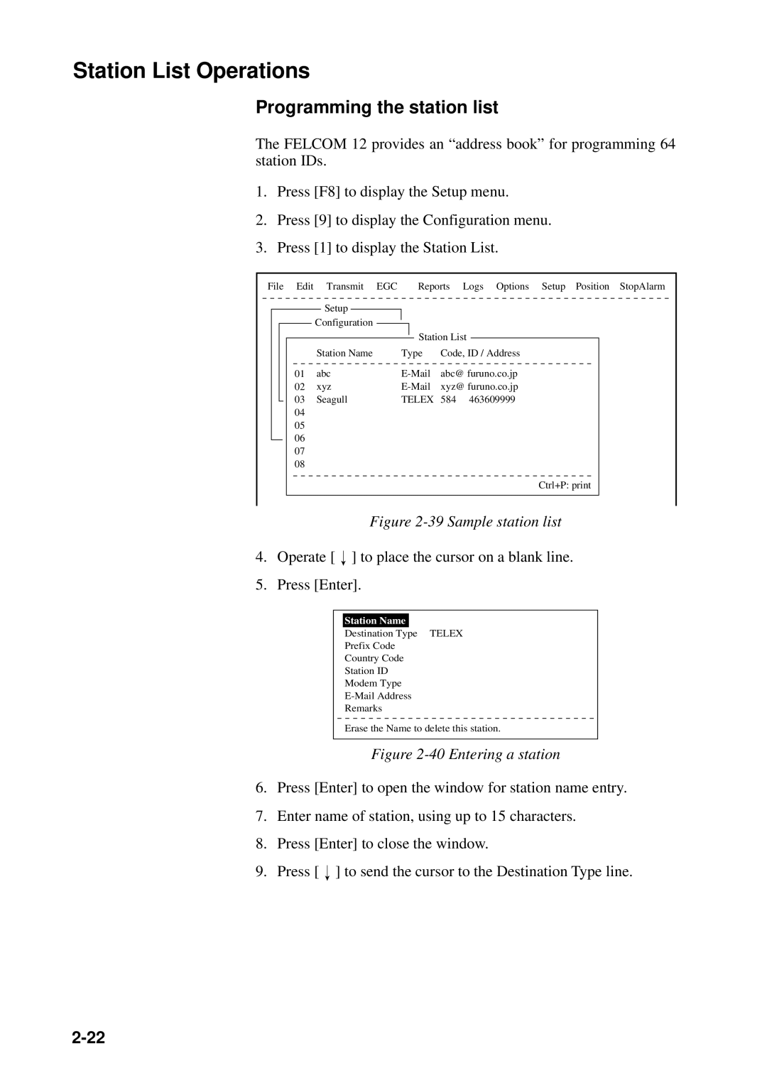 Furuno FELCOM 12 manual Station List Operations, Programming the station list, Telex 