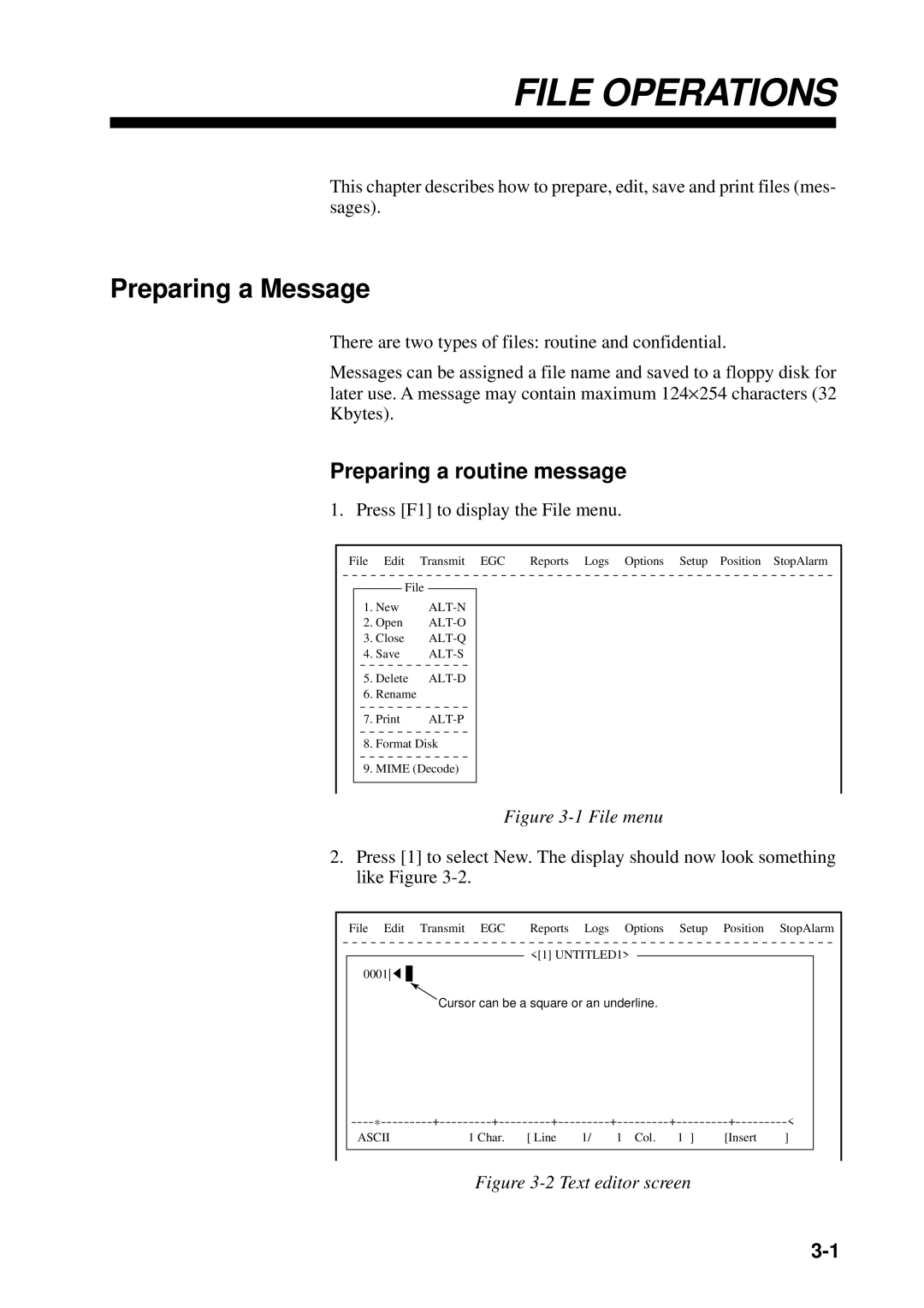 Furuno FELCOM 12 manual Preparing a Message, Preparing a routine message, Press F1 to display the File menu 