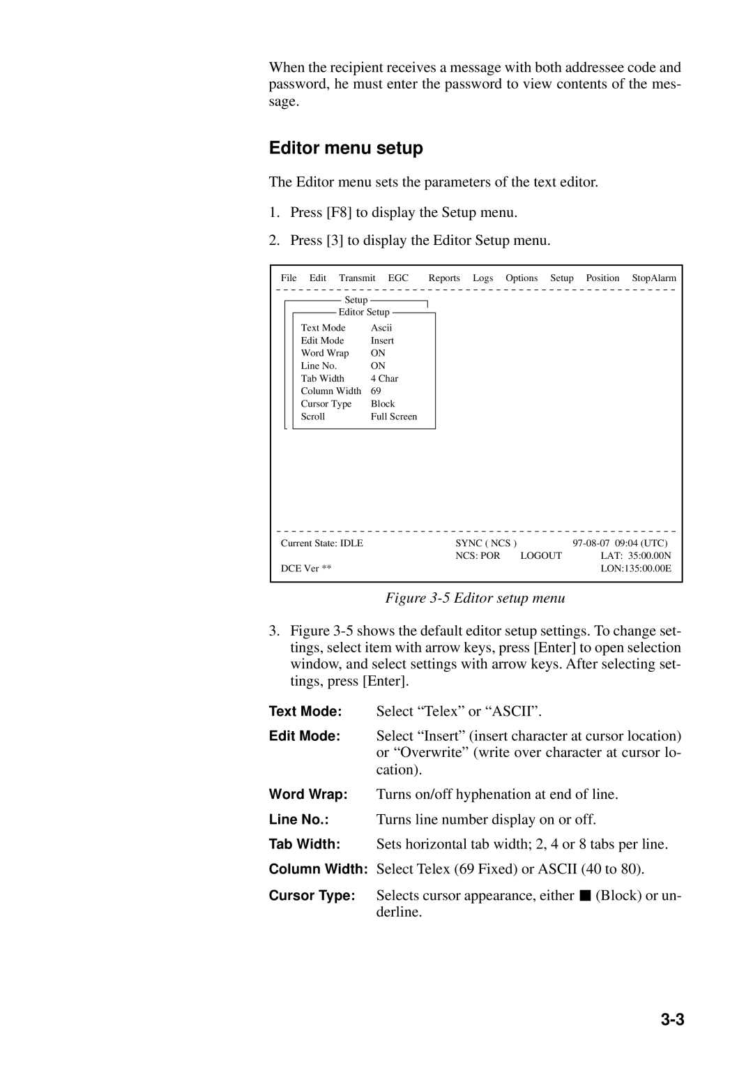 Furuno FELCOM 12 manual Editor menu setup, NCS POR Logout 