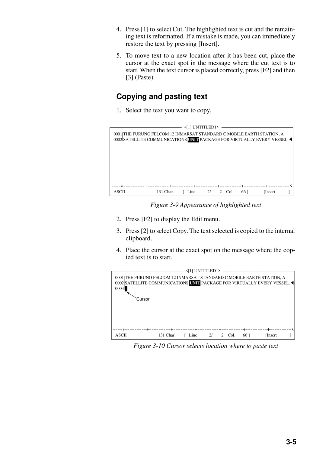 Furuno FELCOM 12 manual Copying and pasting text, Select the text you want to copy 