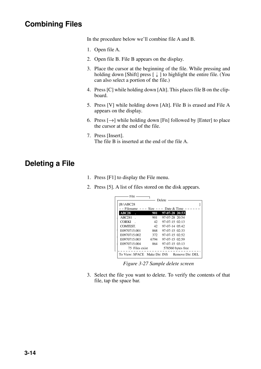 Furuno FELCOM 12 manual Combining Files, Deleting a File, Coieki Comtest 