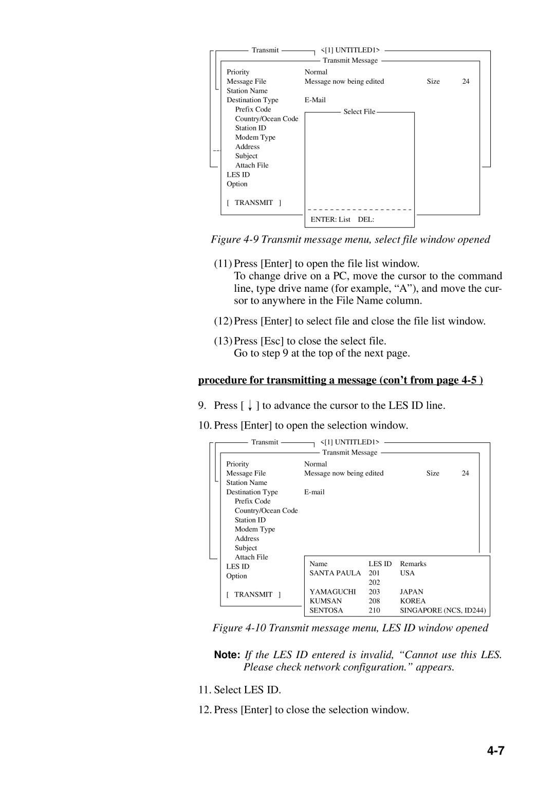 Furuno FELCOM 12 Procedure for transmitting a message con’t from, Select LES ID Press Enter to close the selection window 