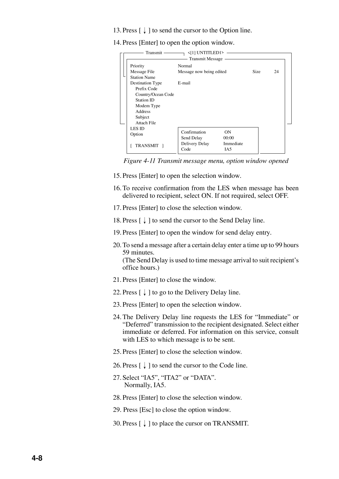 Furuno FELCOM 12 manual Transmit message menu, option window opened, IA5 