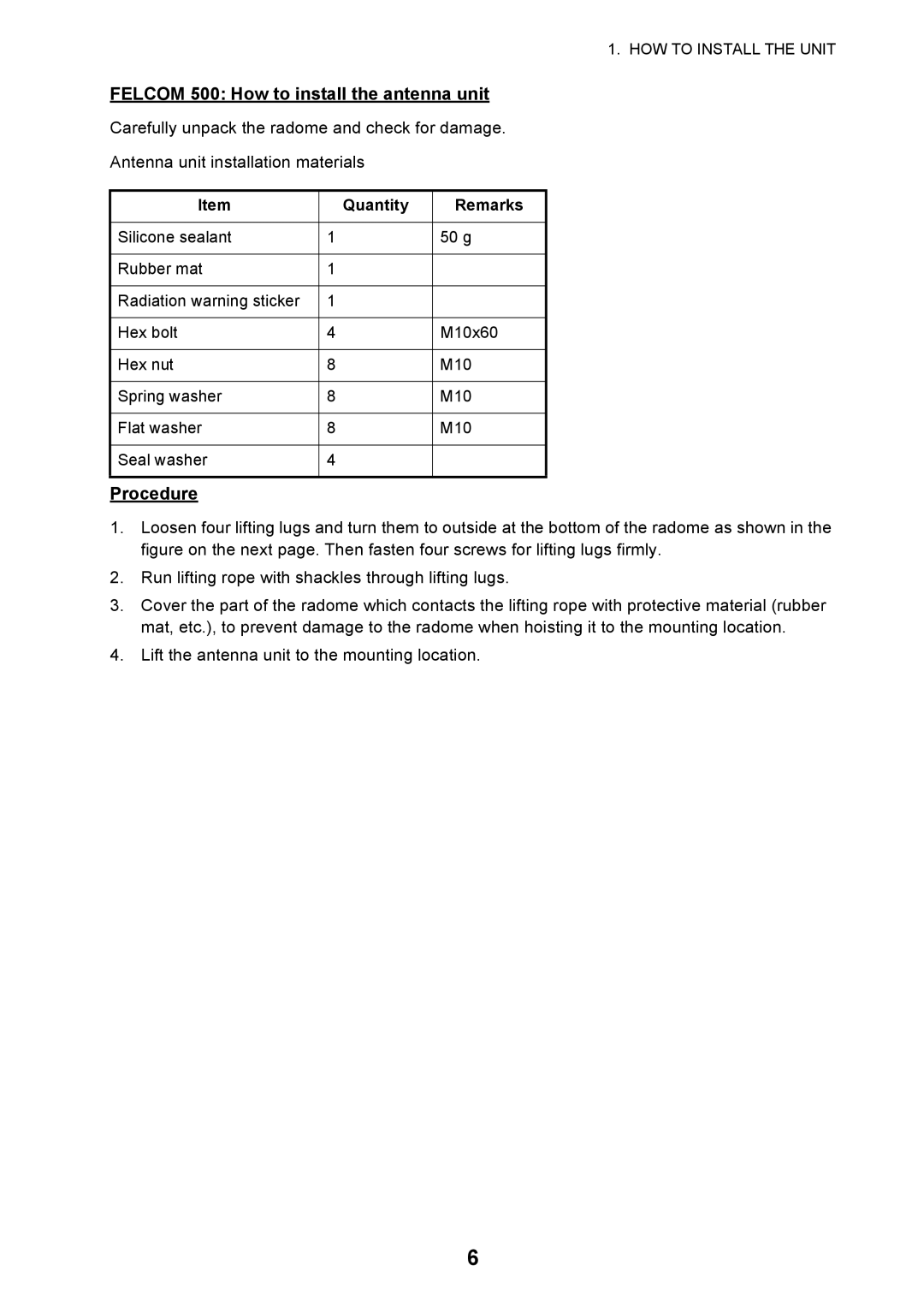 Furuno FELCOM 500, FELCOM 250 installation manual Felcom 500 How to install the antenna unit, Procedure 