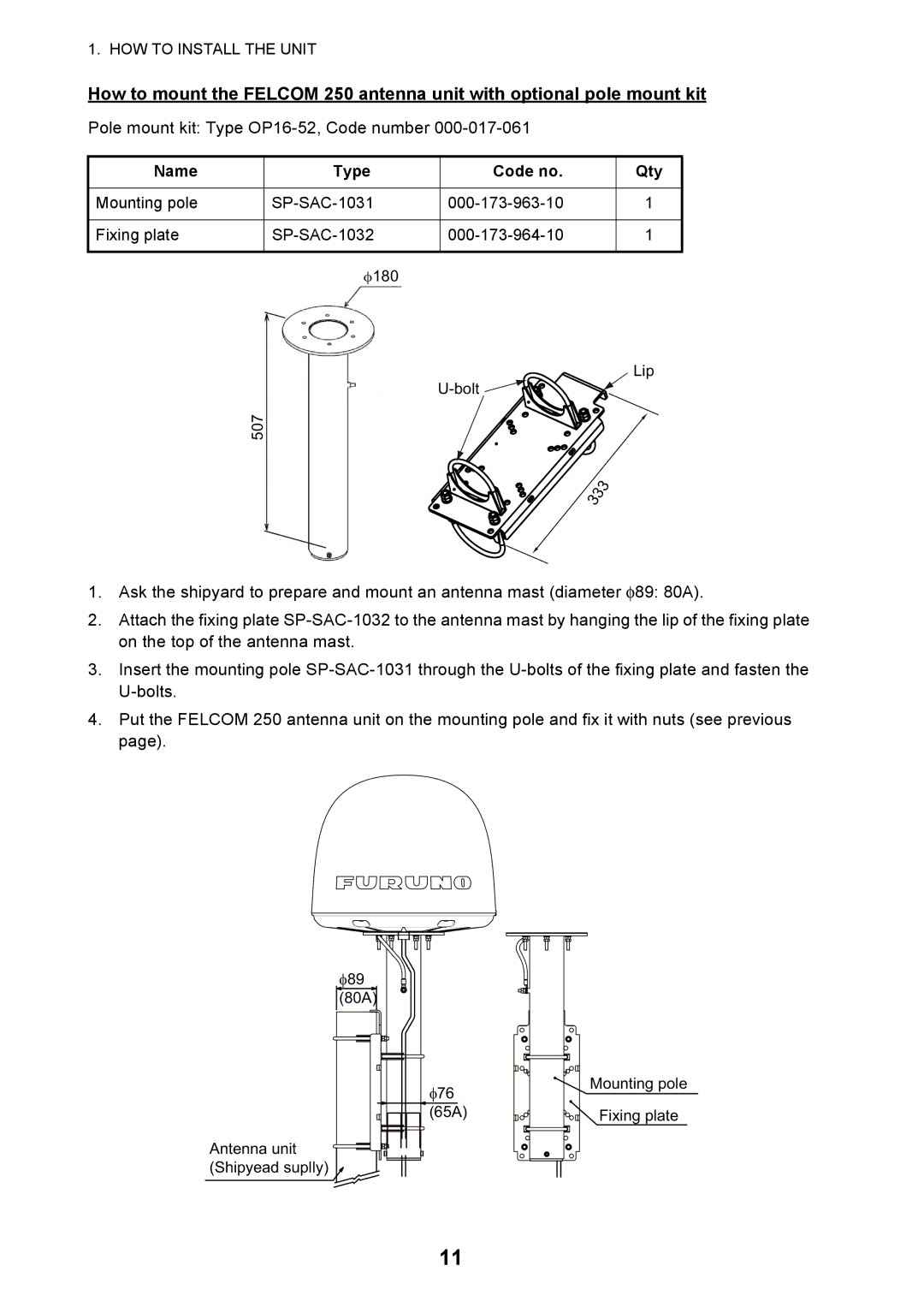 Furuno FELCOM 250, FELCOM 500 installation manual Pole mount kit Type OP16-52, Code number 