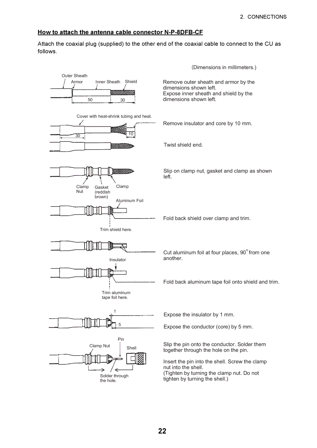 Furuno FELCOM 500, FELCOM 250 installation manual How to attach the antenna cable connector N-P-8DFB-CF 