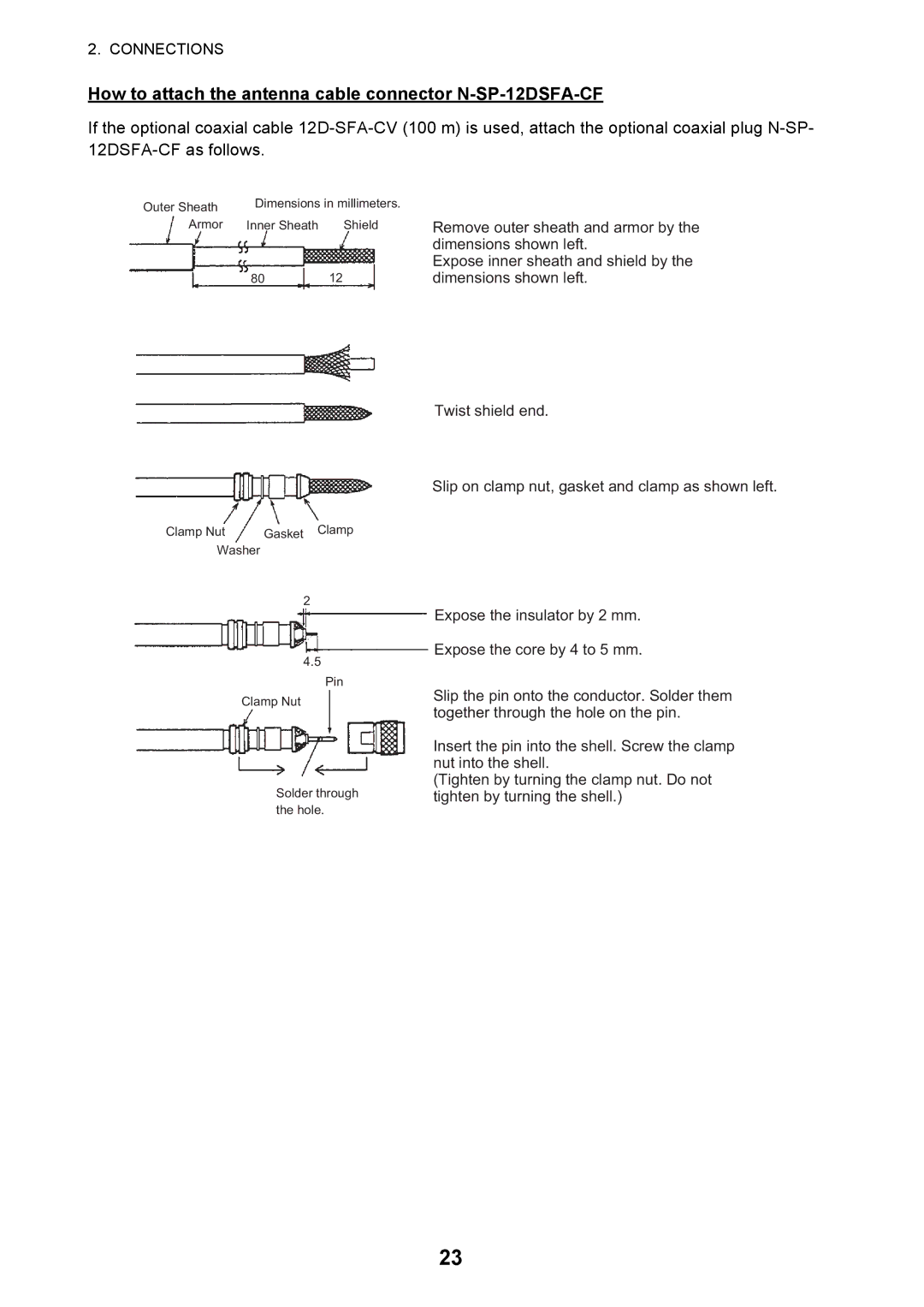 Furuno FELCOM 250, FELCOM 500 installation manual How to attach the antenna cable connector N-SP-12DSFA-CF 