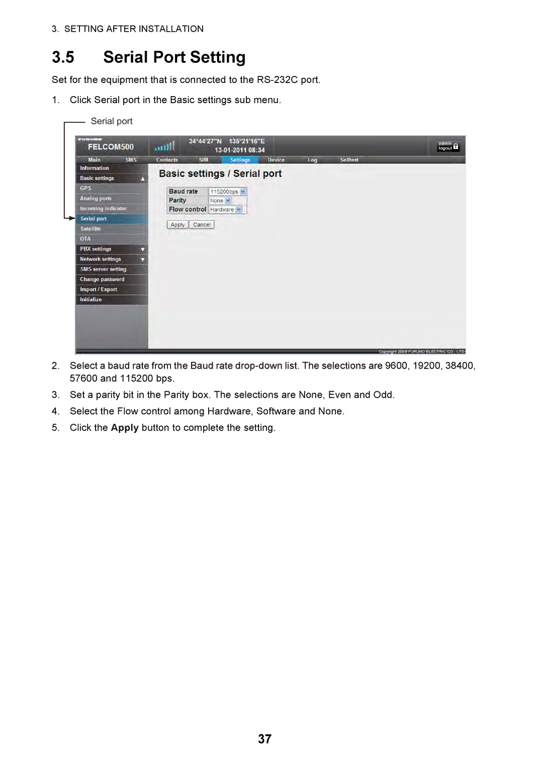 Furuno FELCOM 250, FELCOM 500 installation manual Serial Port Setting 