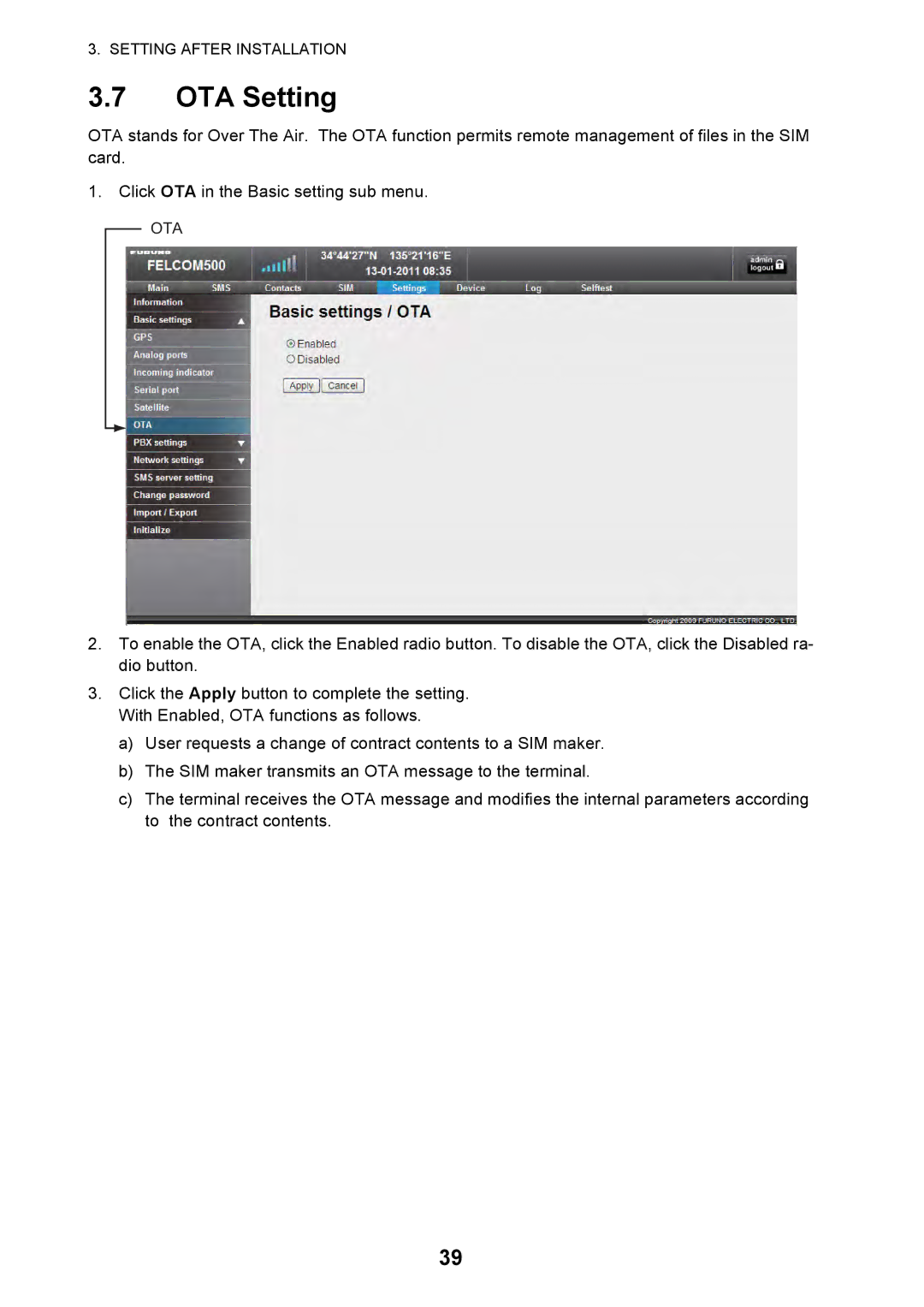 Furuno FELCOM 250, FELCOM 500 installation manual OTA Setting 