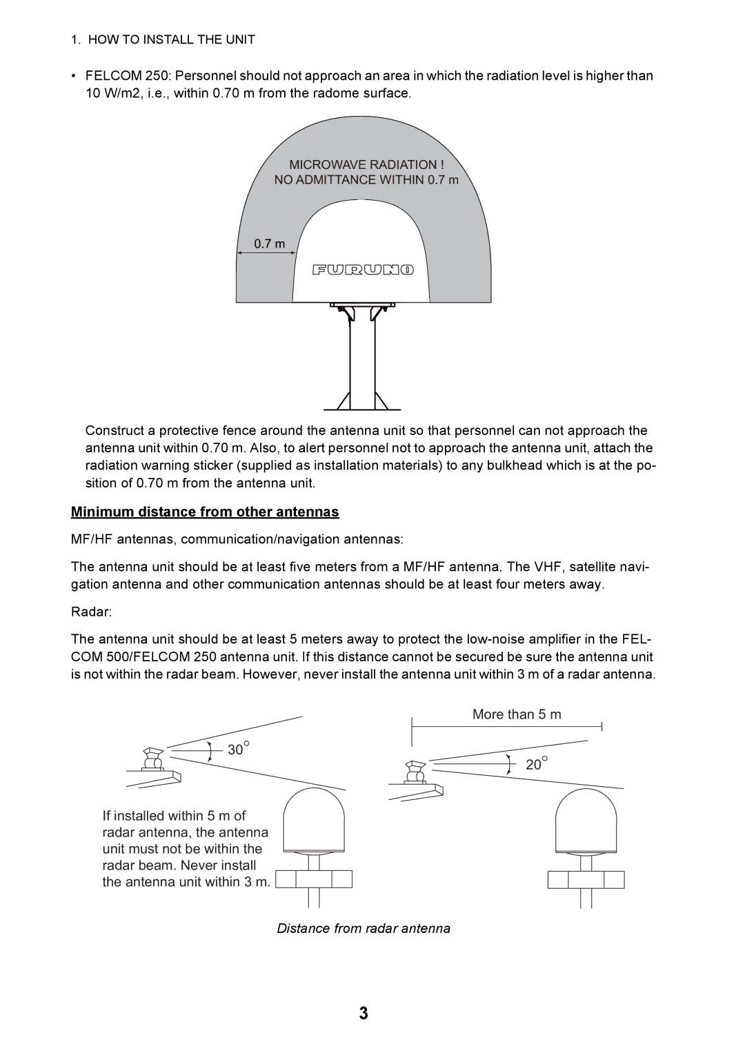 Furuno FELCOM 250, FELCOM 500 installation manual Minimum distance from other antennas 