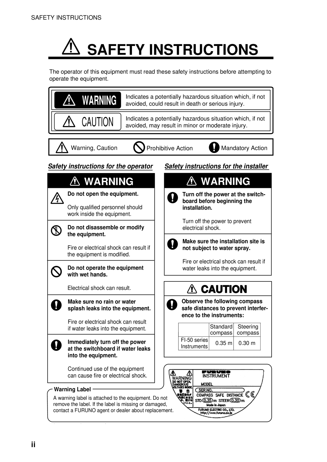 Furuno FI-504 manual Safety Instructions 